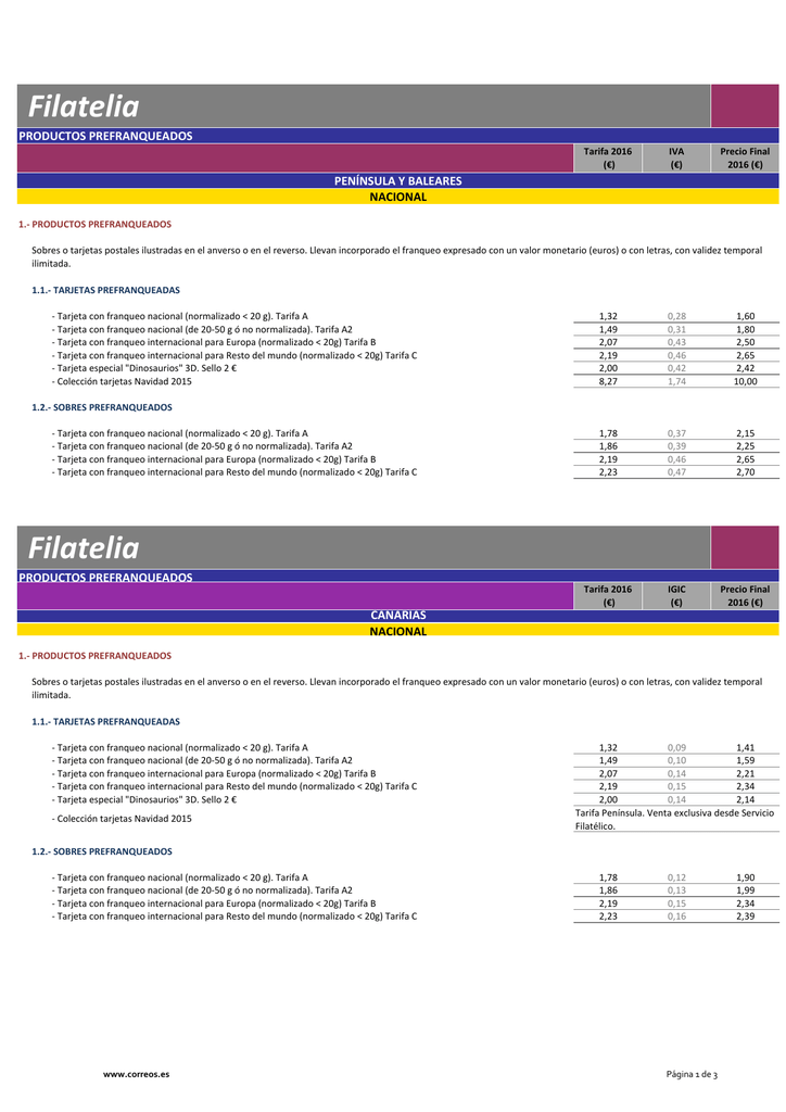 Tarifas Productos Prefranqueados