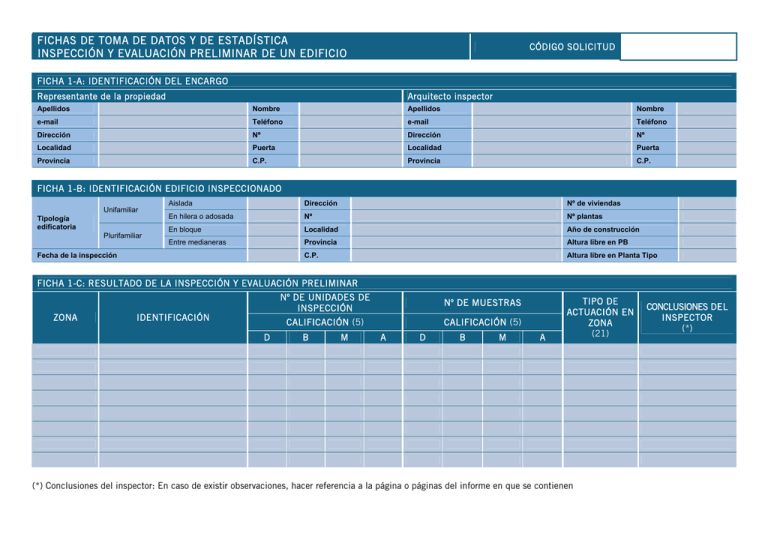 FICHAS DE TOMA DE DATOS Y DE ESTADÍSTICA INSPECCIÓN Y