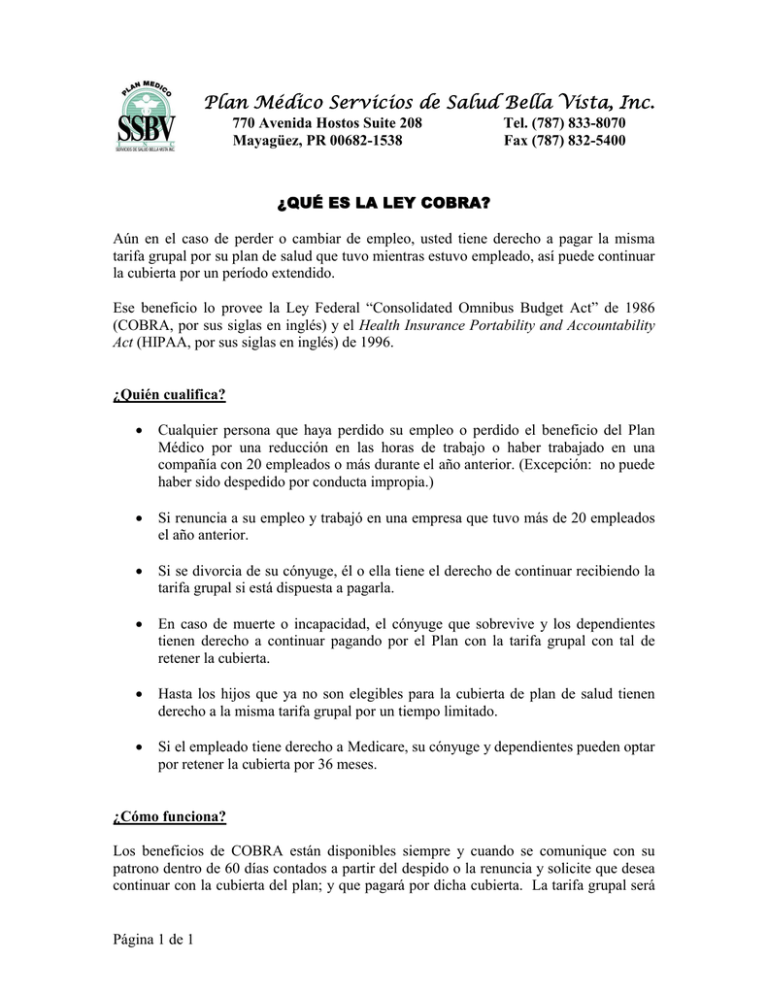 ¿Qué es la Ley COBRA? Plan Médico Salud Bella Vista