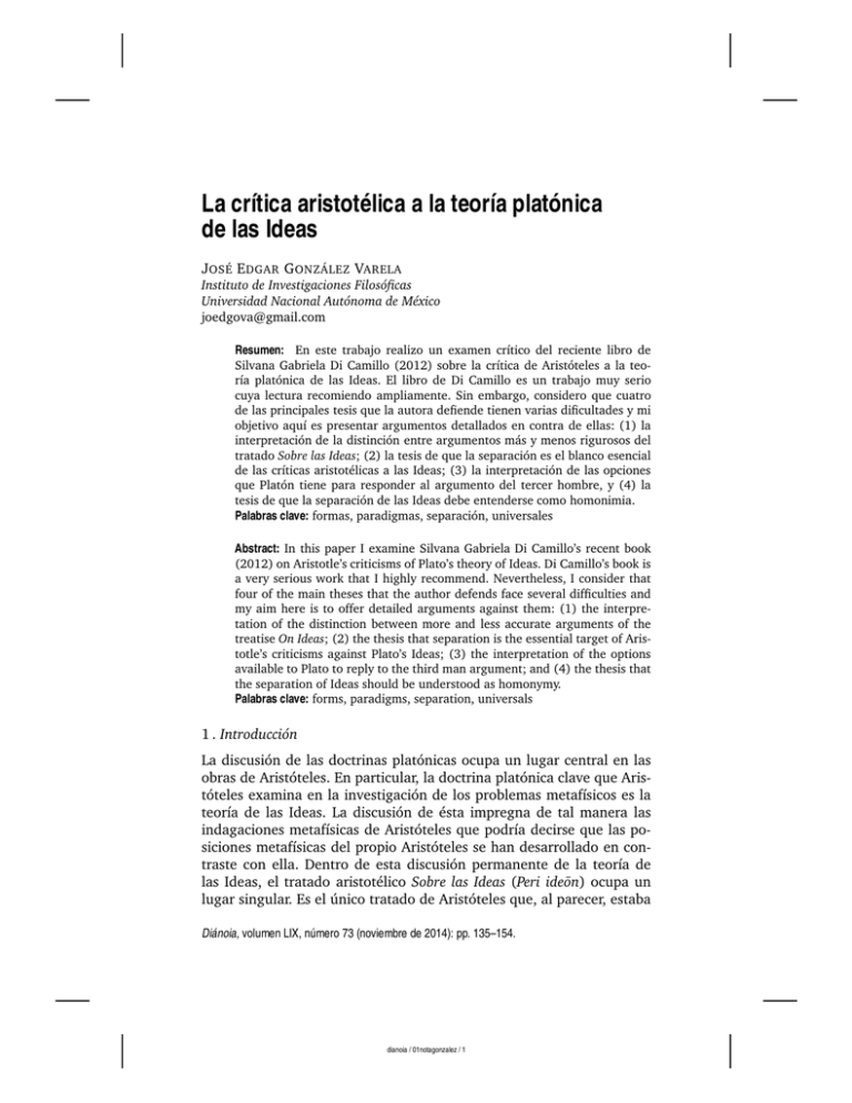 La Crítica Aristotélica A La Teoría Platónica De Las Ideas