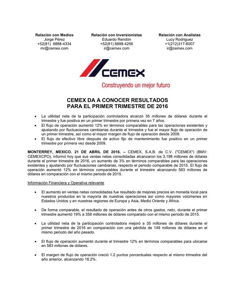 Cemex Da A Conocer Resultados Para El Primer Trimestre De 2016