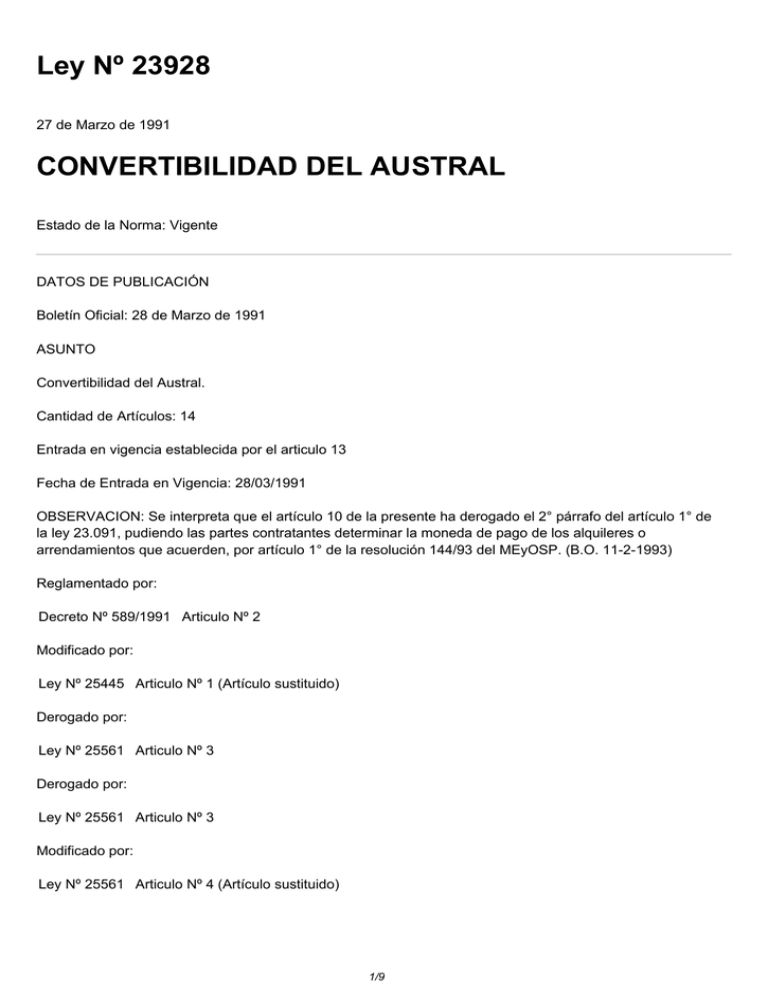 Ley Nº 23928 CONVERTIBILIDAD DEL AUSTRAL