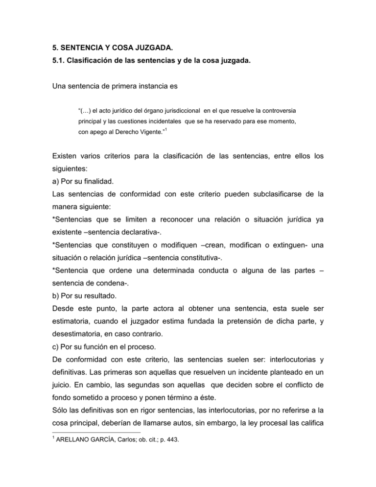 5. SENTENCIA Y COSA JUZGADA. 5.1. Clasificación De Las