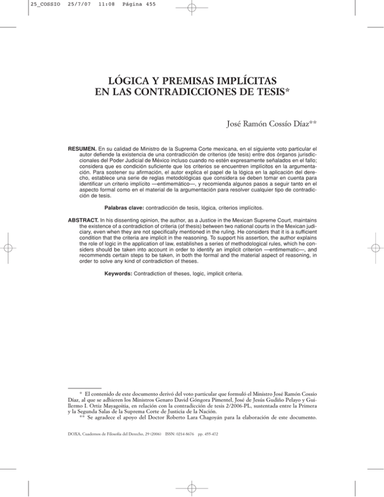 Lógica Y Premisas Implícitas En Las Contradicciones De Tesis