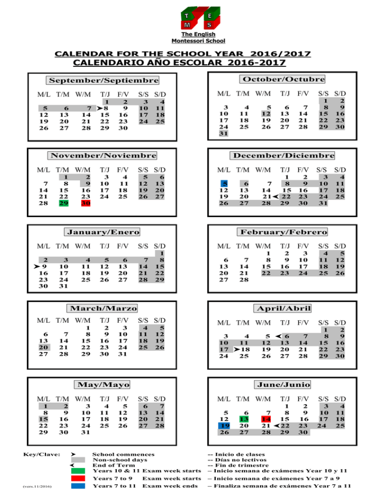calendar for the school year The English Montessori School