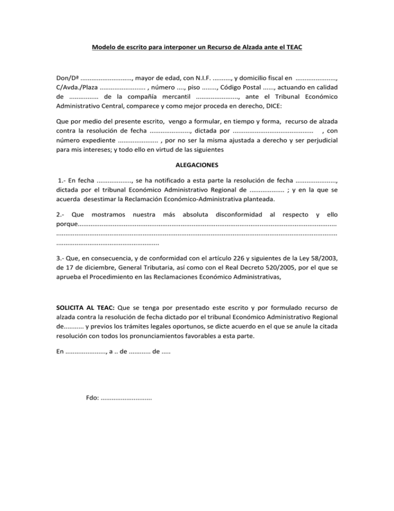Modelo Recurso De Alzada TEAC Gu a Y Formato