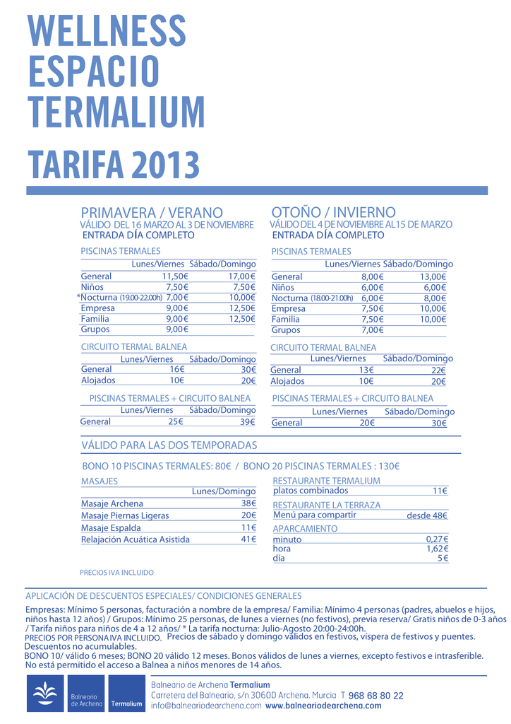 Tarifa 2013 Balneario De Archena
