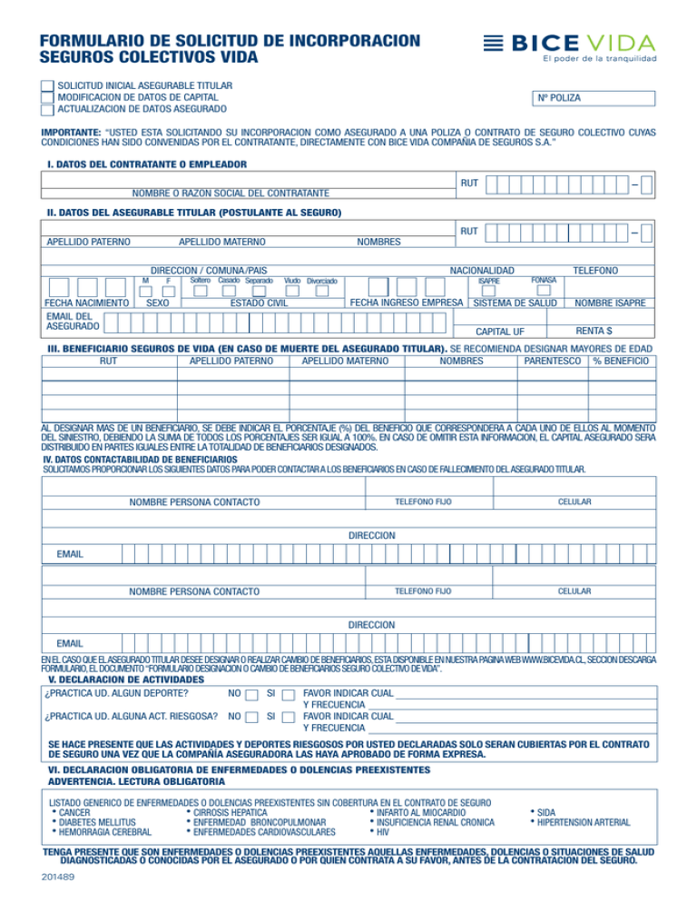 Formulario De Solicitud De Incorporacion Seguros 7588