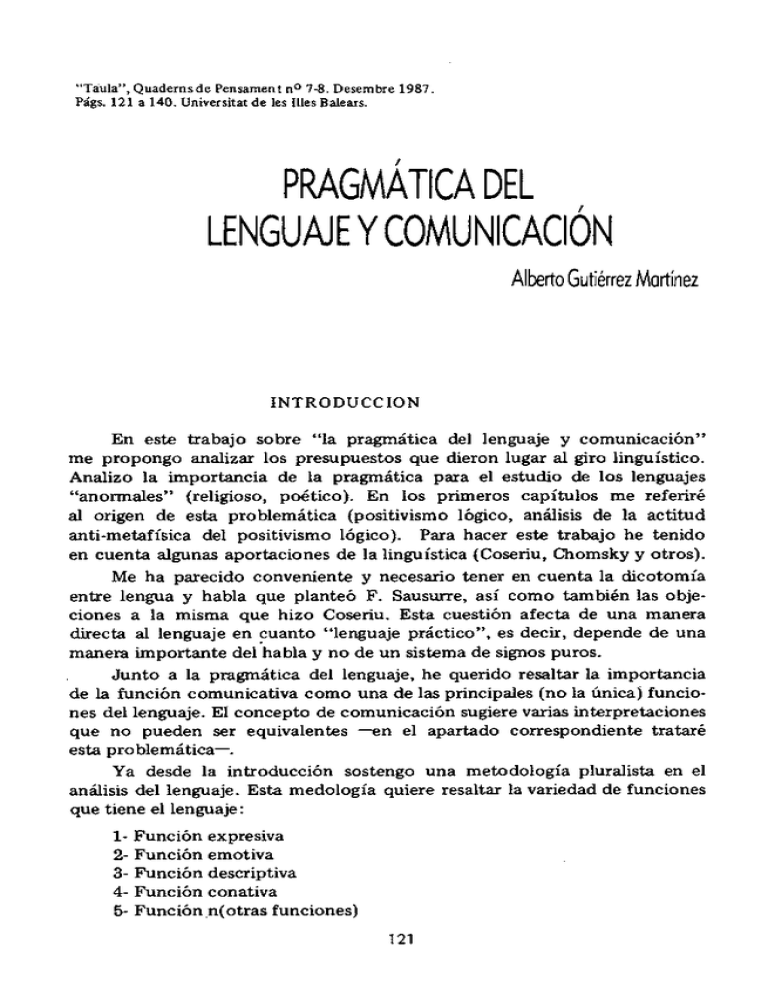 Pragmática Del Lenguaje Y Comunicaci~n