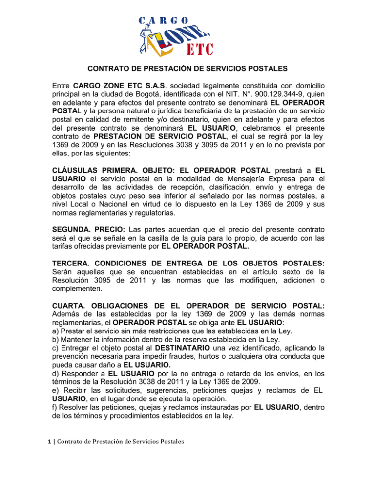 Contrato De Prestación De Servicios Postales Cargo Zone