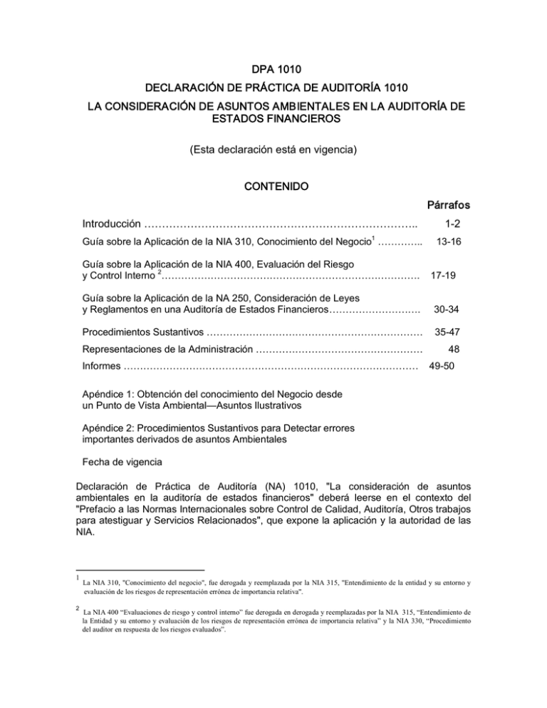 Dpa 1010 DeclaraciÓn De PrÁctica De AuditorÍa 1010 La 3194