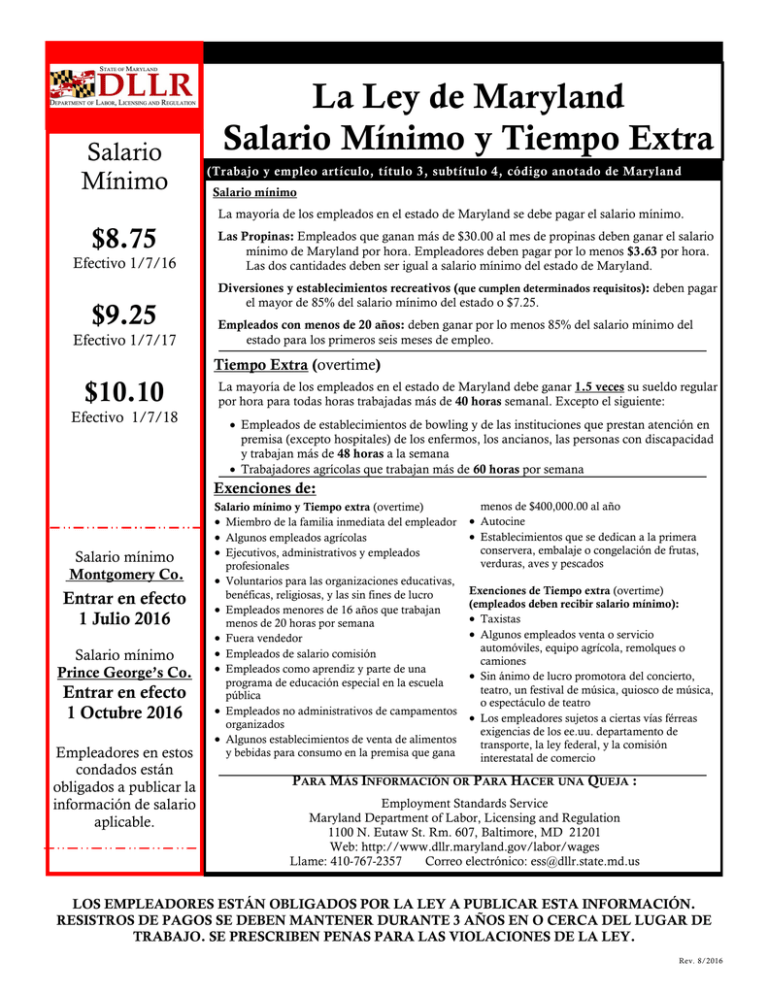 La Ley de Maryland Salario Mínimo y Tiempo Extra