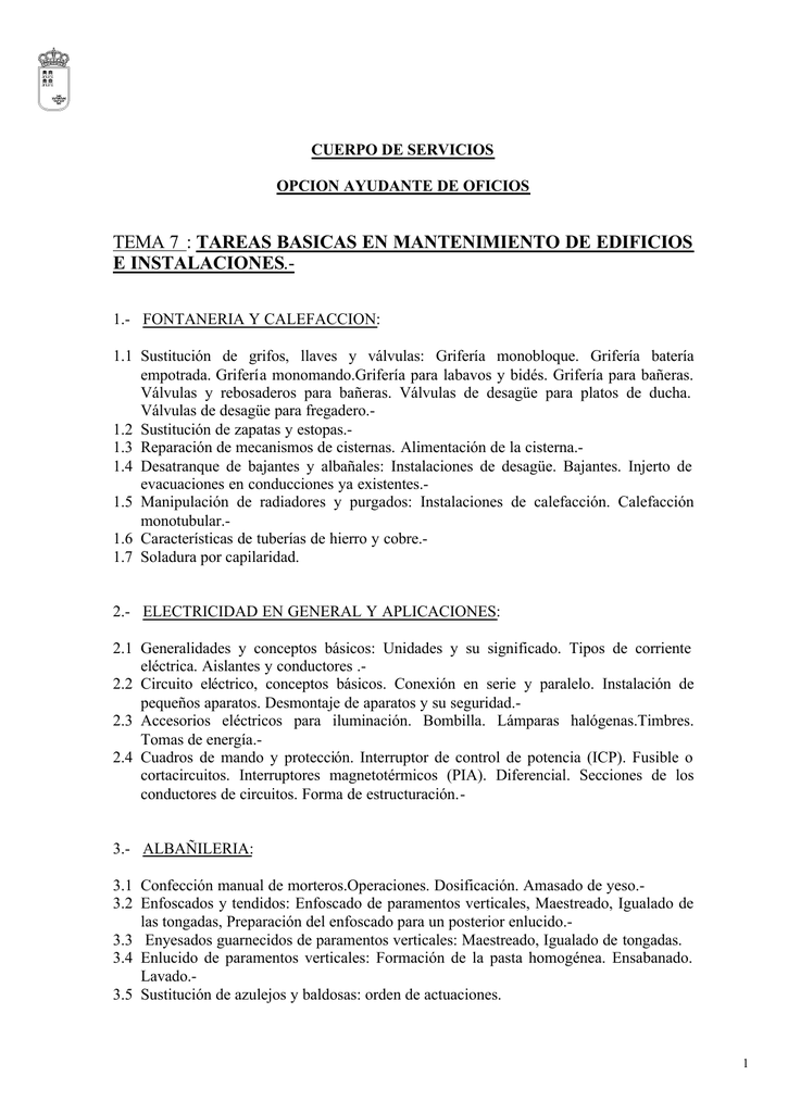 tema 7 tareas basicas en mantenimiento de edificios e instalaciones. tema 7 tareas basicas en mantenimiento de edificios e instalaciones.
