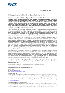 SYZ adquiere Royal Bank of Canada (Suisse) SA