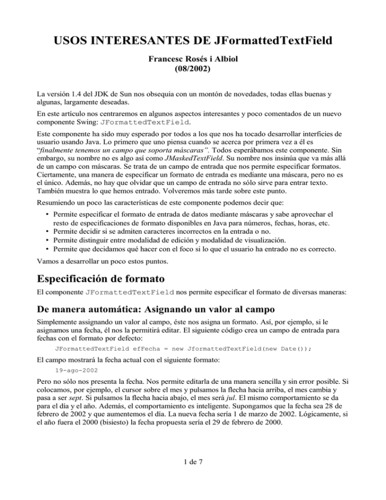 USOS INTERESANTES DE JFormattedTextField