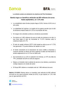 Bankia logra un beneficio atribuido de 855 millones de euros hasta
