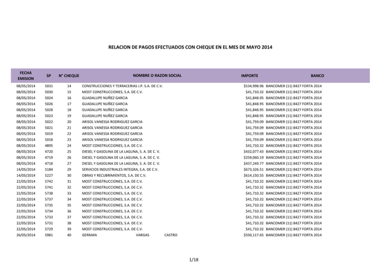 Relacion De Pagos Efectuados Con Cheque En El Mes De