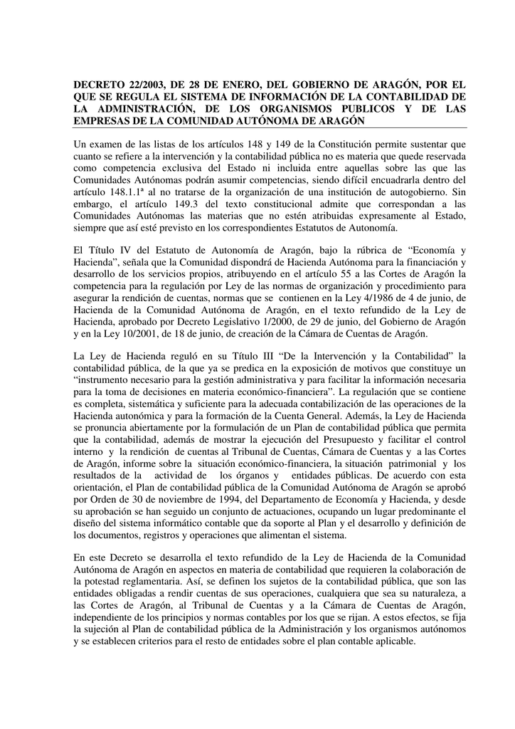 Decreto 22/2003, De 28 De Enero, Del Gobierno De Aragón, Por El