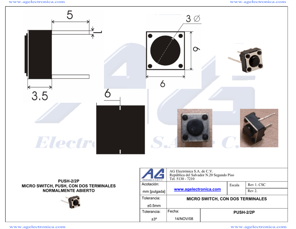 PUSH-2/2P MICRO SWITCH, PUSH, CON DOS TERMINALES