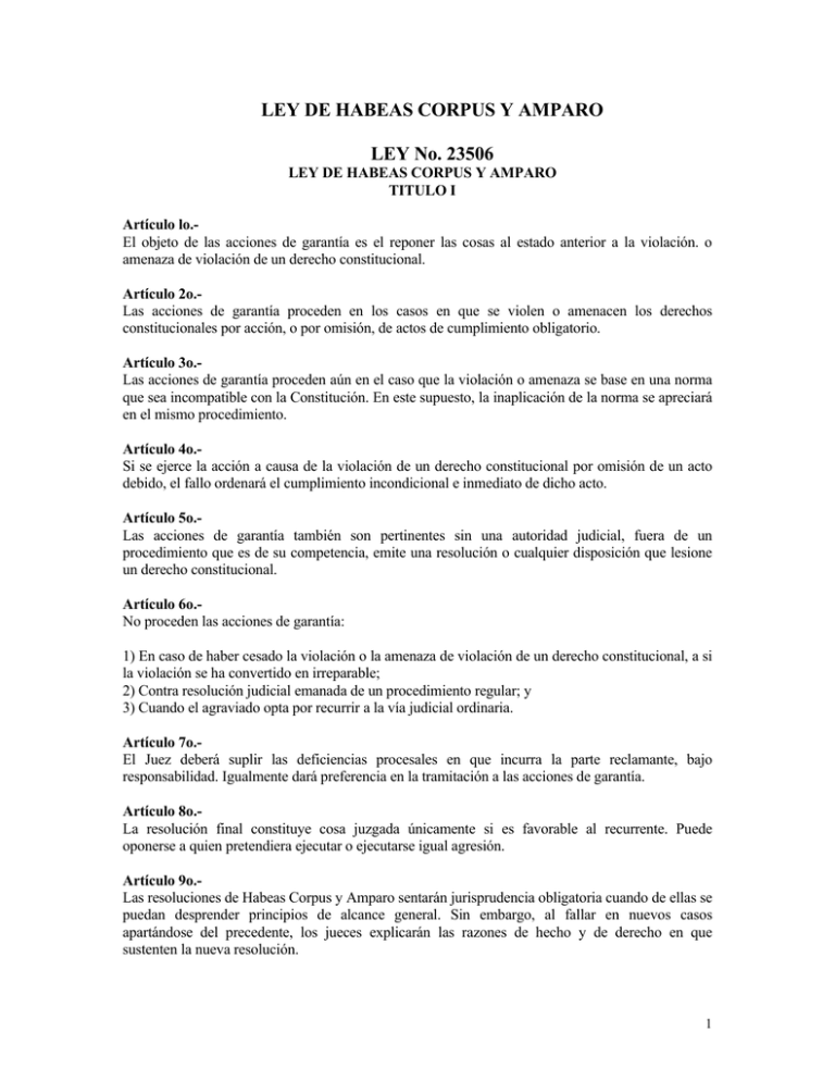 LEY DE HABEAS CORPUS Y AMPARO LEY No. 23506