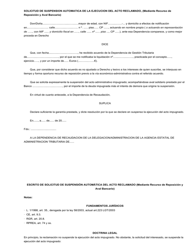 Solicitud De Suspensión Automática De La Ejecución Del Acto