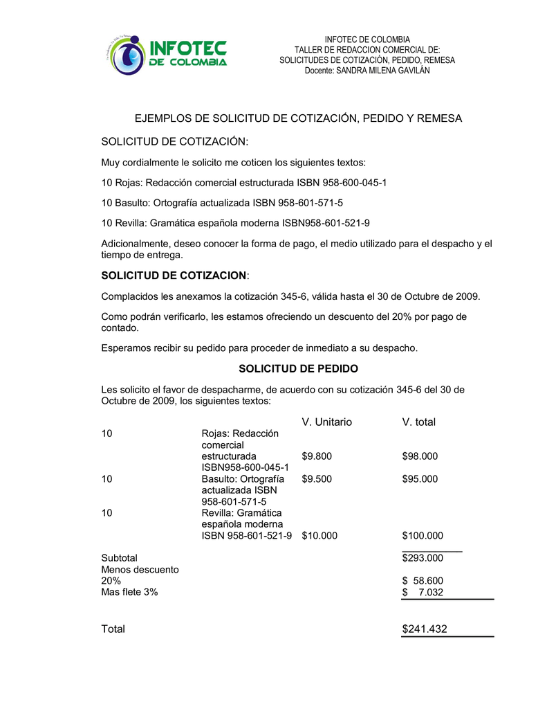 Ejemplos De Solicitud De CotizaciÓn Pedido Y Remesa 4119