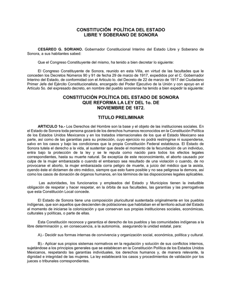 Constitución Política del Estado Libre y Soberano de Sonora