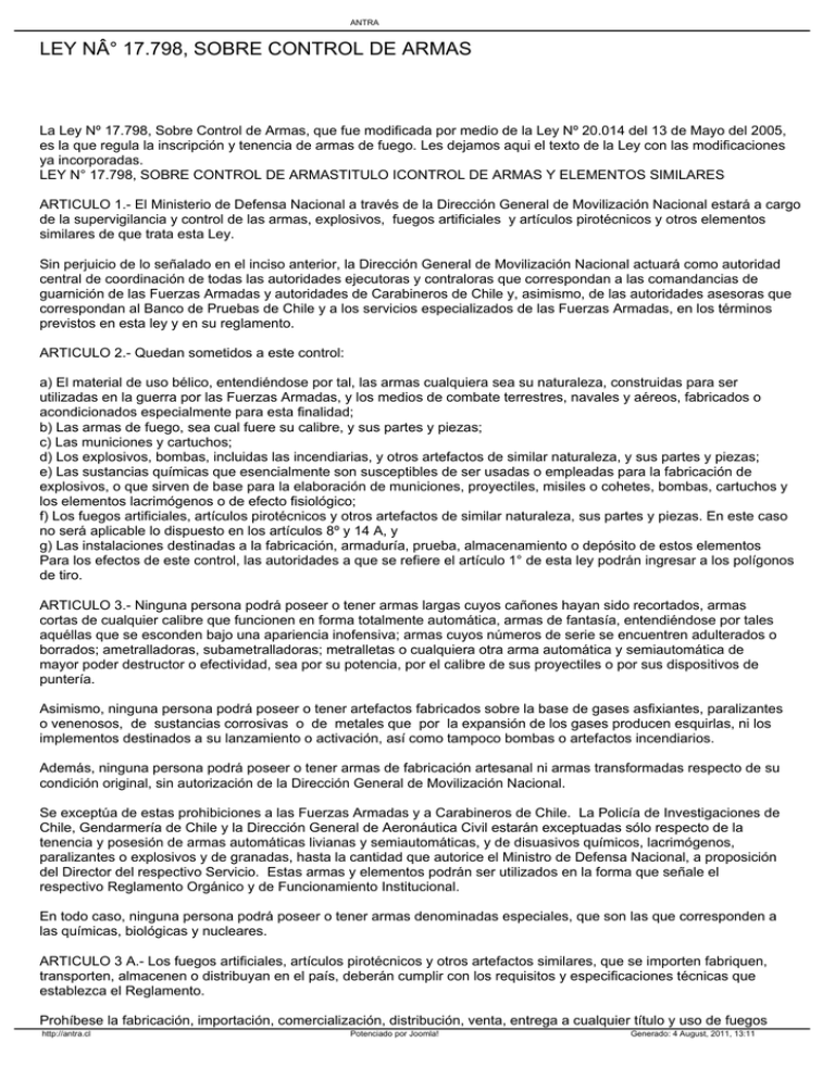 Ley de Control de Armas y Elementos Similares, Ley N