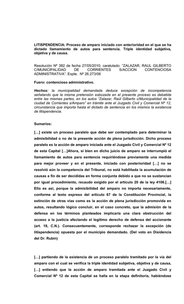 LITISPENDENCIA: Proceso De Amparo Iniciado Con Anterioridad En