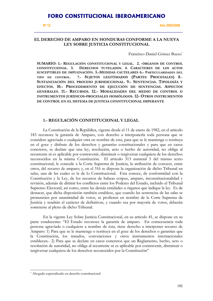 El Derecho De Amparo En Honduras Conforme A La Nueva Ley Sobre