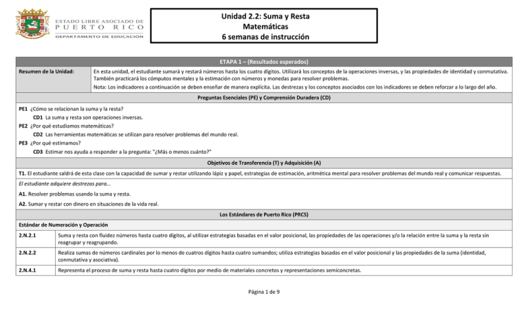 Unidad Suma Y Resta Matem Ticas Semanas De Instrucci N