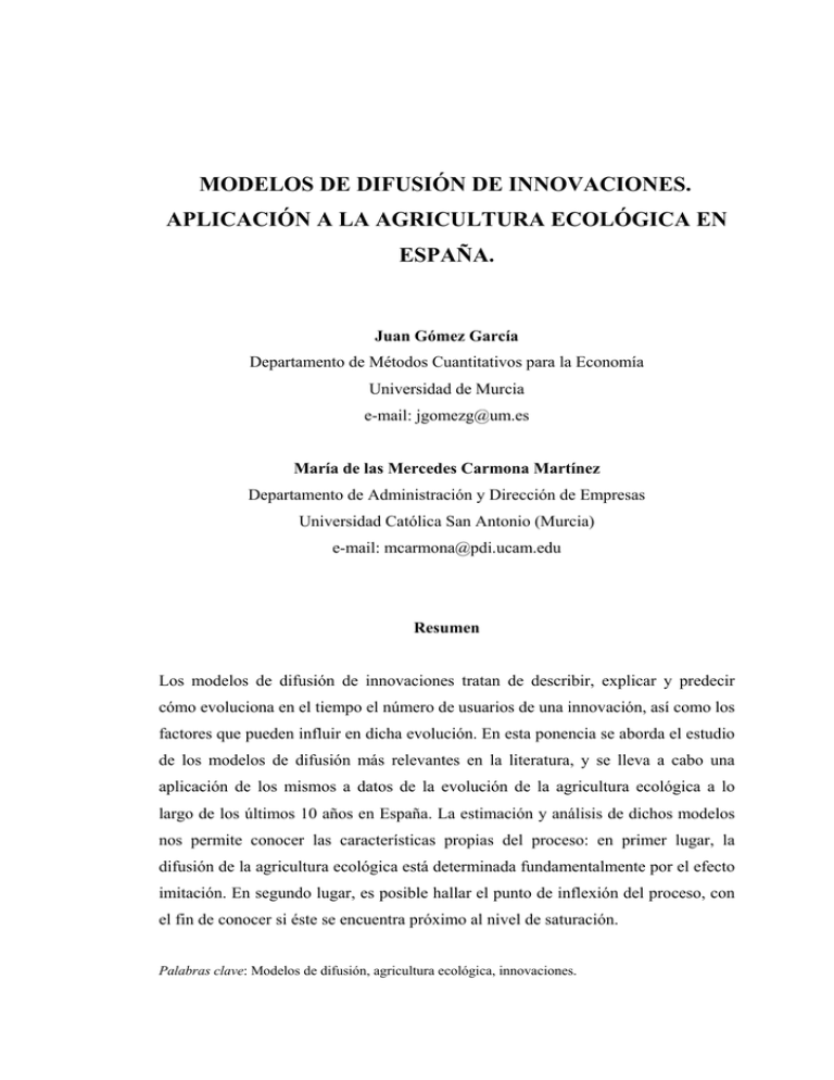 MODELOS DE DIFUSIÓN DE INNOVACIONES. APLICACIÓN A LA