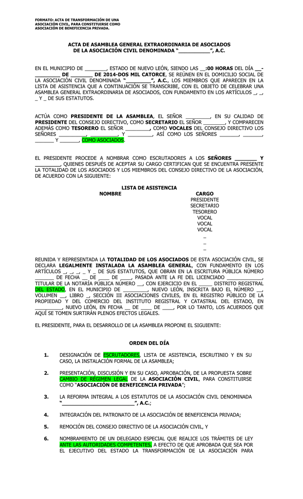 Acta De Asamblea General Extraordinaria De Asociados De La