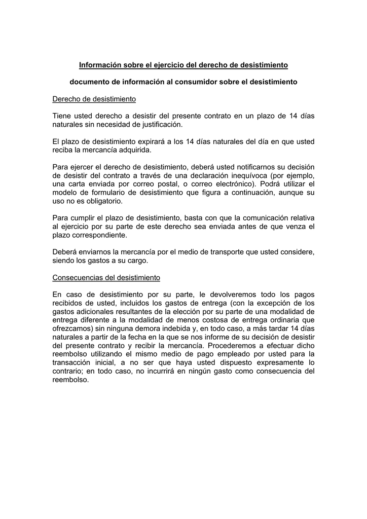 Información sobre el ejercicio del derecho de desistimiento