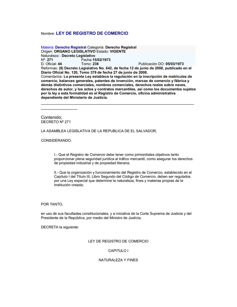 LEY DE REGISTRO DE COMERCIO