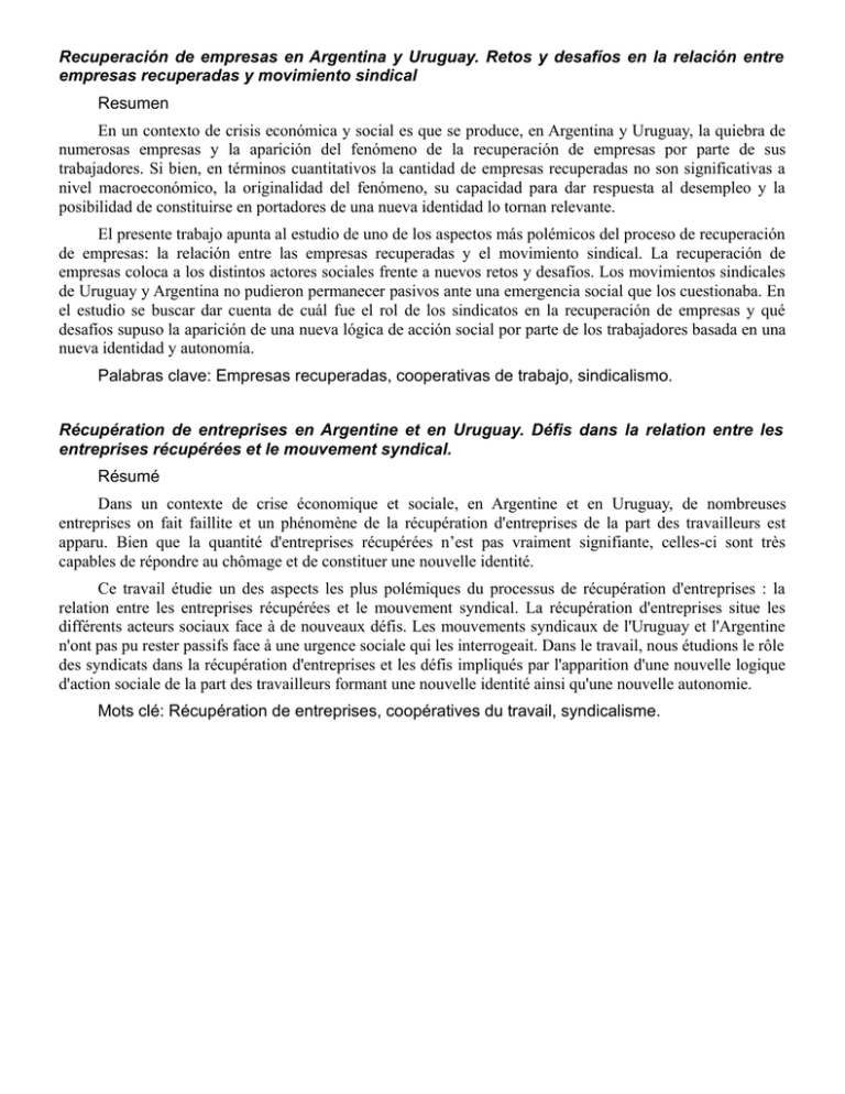 Transformaciones en el mundo del trabajo y recuperación de