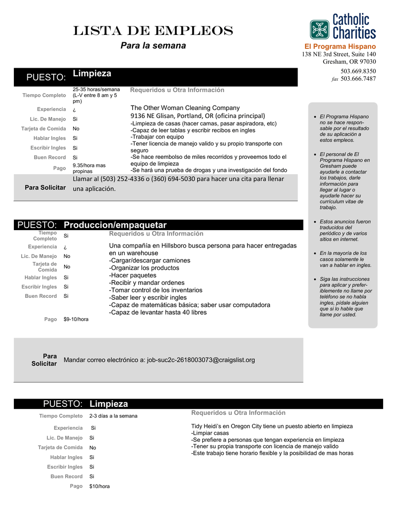 Lista De Empleos Catholic Charities