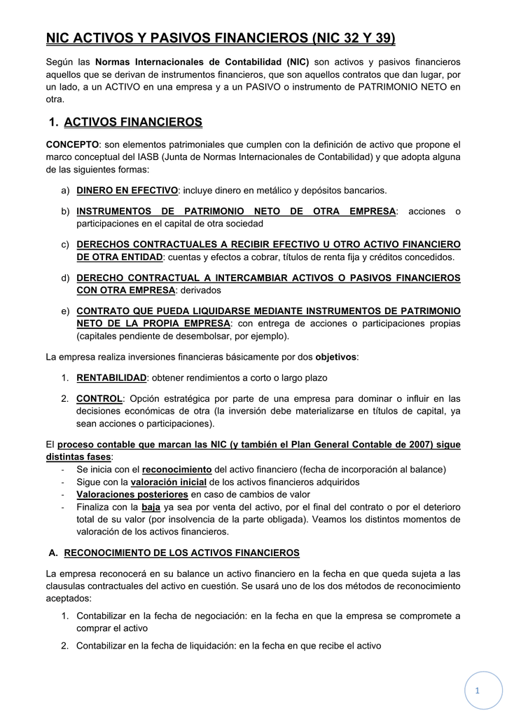 Nic Activos Y Pasivos Financieros Nic 32 Y 39