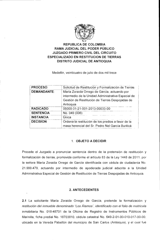 Proceso Solicitud De Restitución Y Formalización De Tierras