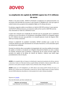 La ampliación de capital de ADVEO supera los 27,5 millones de euros