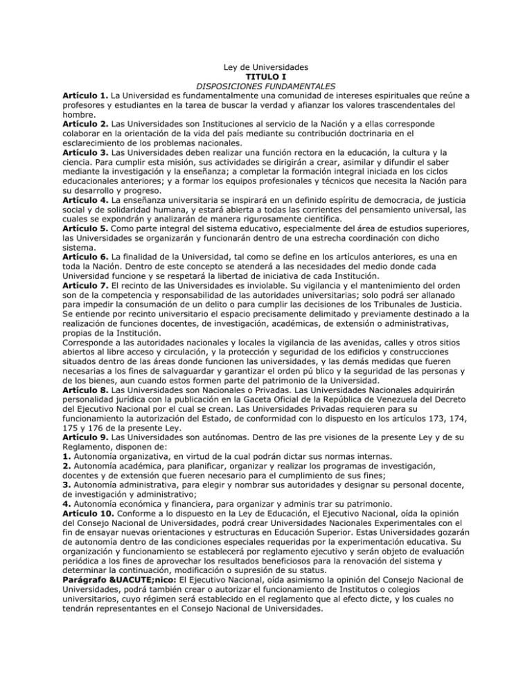 Ley de Universidades Universidad Central de Venezuela