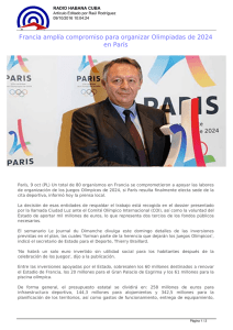 Francia amplía compromiso para organizar Olimpiadas de 2024 en