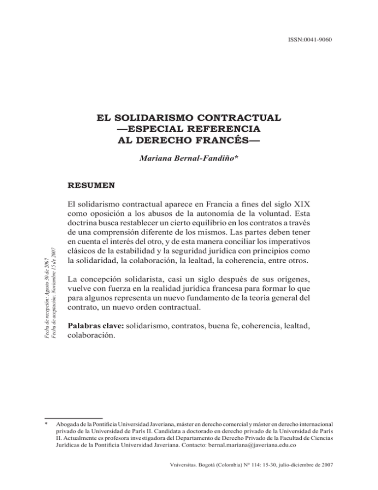 el solidarismo contractual —especial referencia al derecho francés