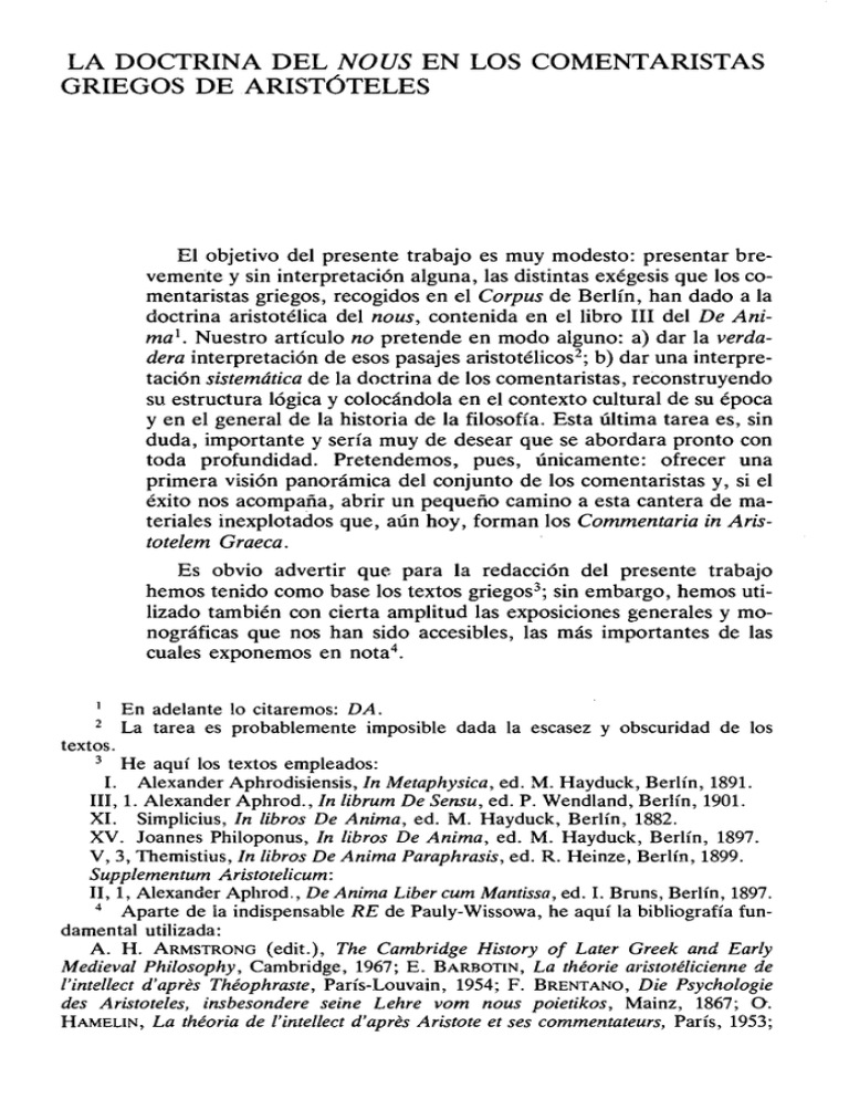 La Doctrina Del Nous En Los Comentaristas Griegos De Arist Teles