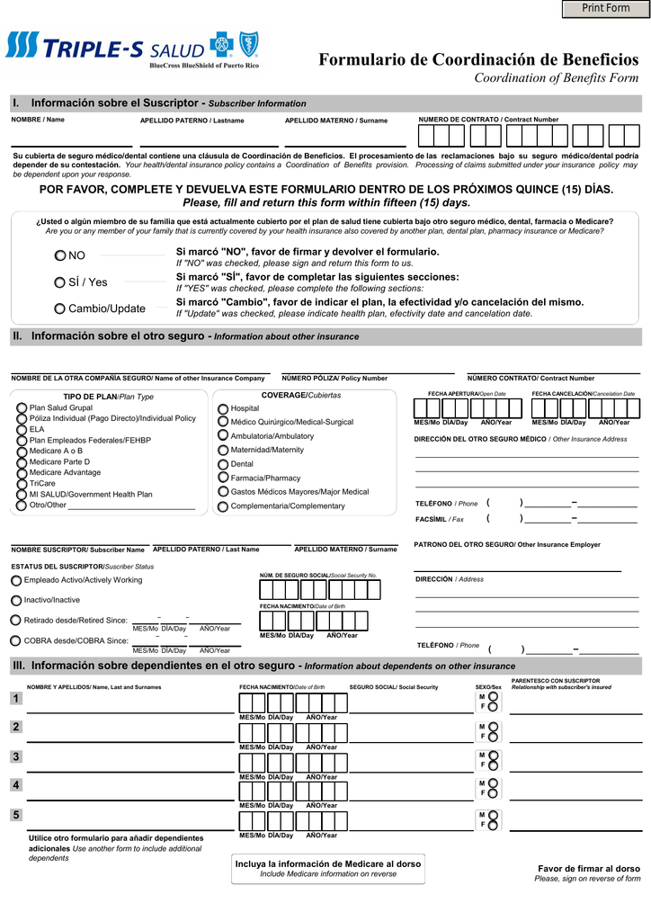 Formulario De Coordinación De Beneficios Triple S 0424