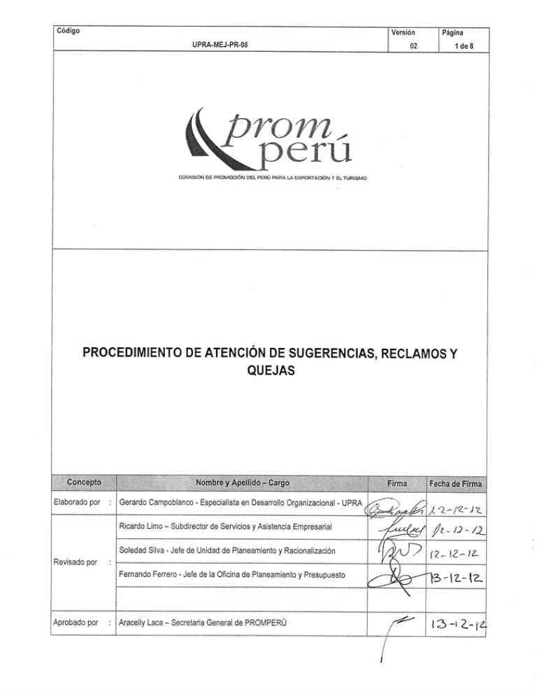 Procedimiento De Atención De Sugerencias, Reclamos Y Quejas