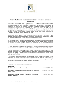 Minera IRL Limited: Acuerdo alcanzado con respecto a control de