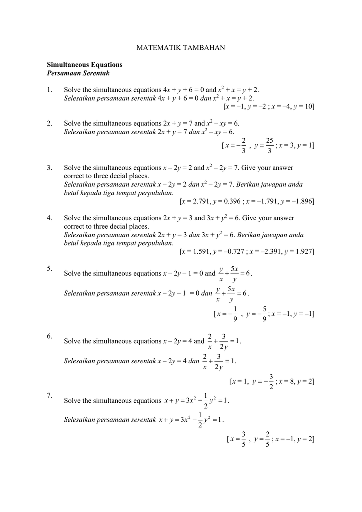 Matematik Tambahan Simultaneous Equations Persamaan