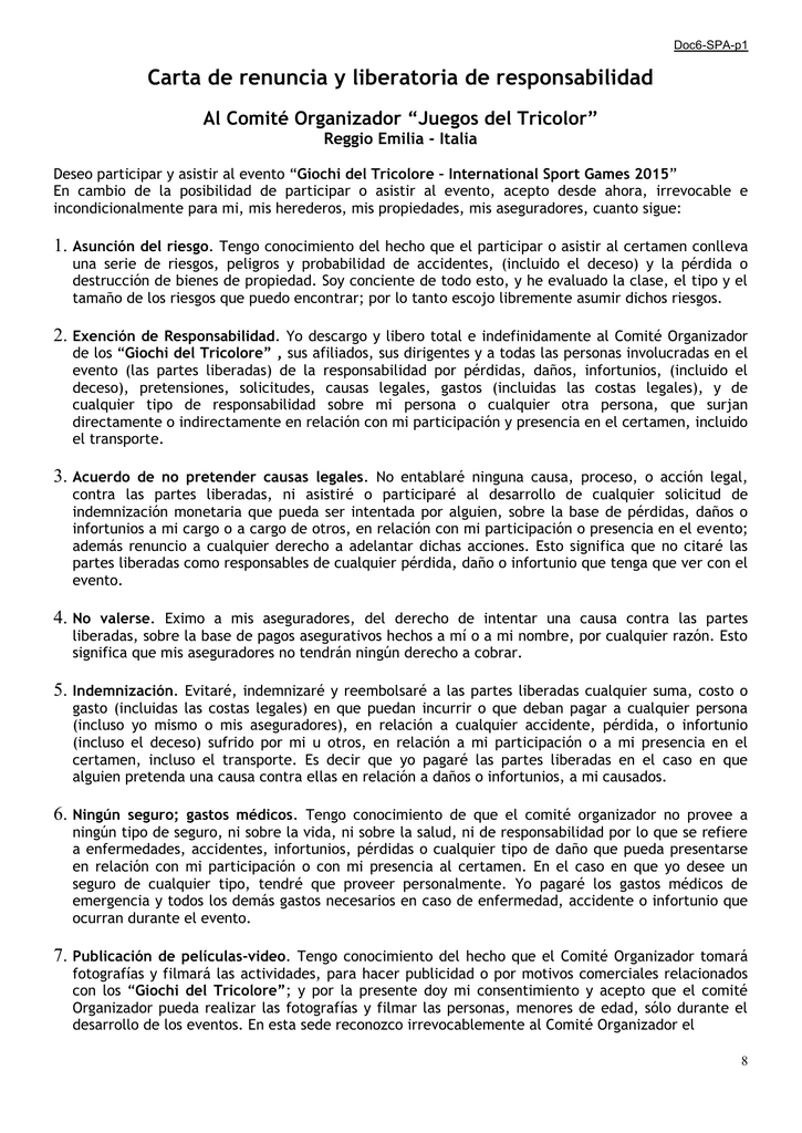 Carta de renuncia y liberatoria de responsabilidad