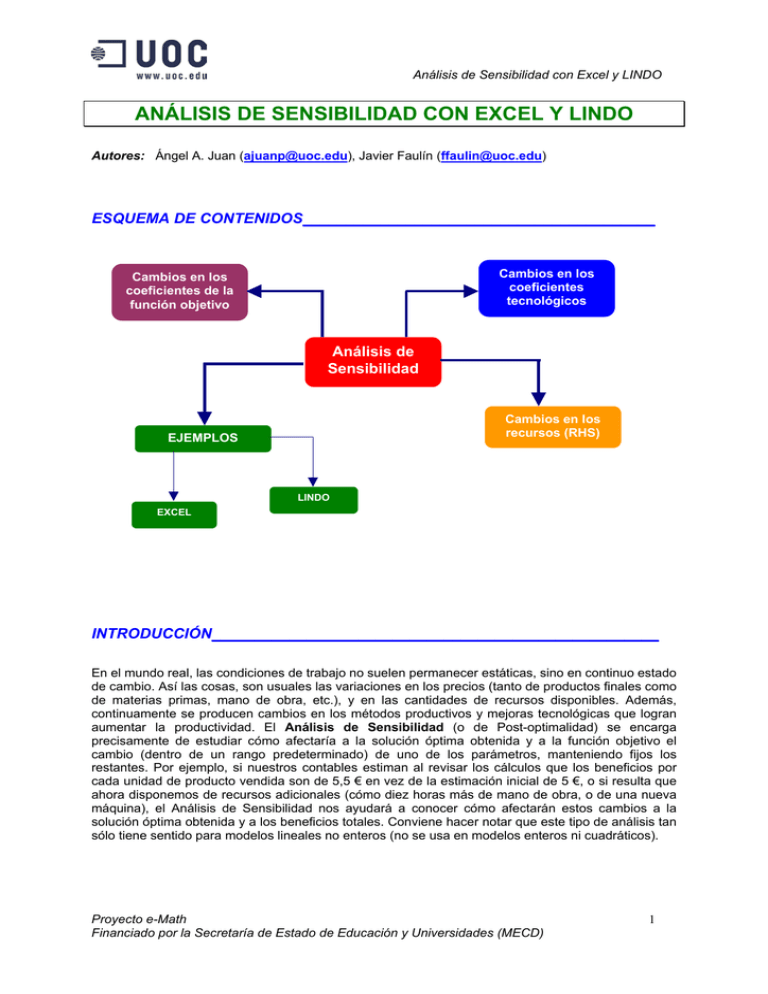 ANÁLISIS DE SENSIBILIDAD CON EXCEL Y LINDO